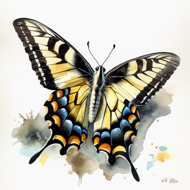 Create clean watercolour clipart of the Tiger Swallowtail butterfly with its distinctive yellow and black striped wings and delicate markings, in HD and vibrant colors on a white background.