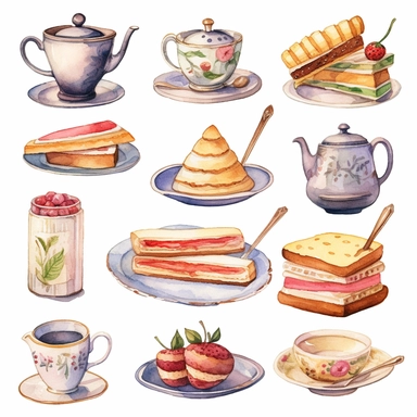 Watercolor vintage tea party items, illustrations clipart set, simple, soft colors, cartoon elements, different variants, teapot, sugar bowl, jug of milk, egg sandwich, stacked china plates, sişde plate, slop bowl, , lemonade glass, cake fork, tongs, china cup and saucer, ,napkin, knife,fork,jam, tea cups, stacked teacups, lemon dish, ,, tea jars ,knie, fork, spoon, butter, ,silver , napkin,separate elements with a margin