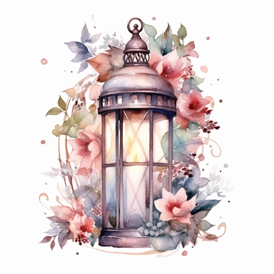 A watercolor clipart showcasing a lantern filled with twinkling fairy lights, surrounded by floral elements, evoking a magical and ethereal cottagecore ambiance , minimalist ,isolated white background,8k