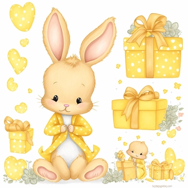 a shy baby Bunny with gifts Clipart, Peter rabbit, wearing a yellow coat covered in hearts, Nursery summer Clipart, Easter Clipart, summer Bunny, Crafting Digital Paper, Mother’s Day, white background