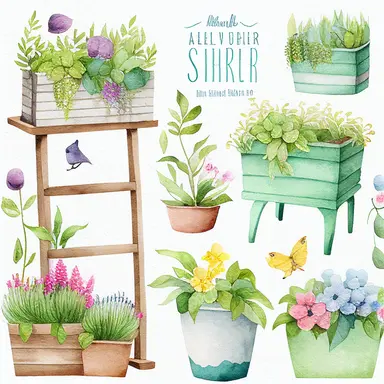 Watercolor Spring Planters Clipart - springtime cute planter boxes and garden ladders