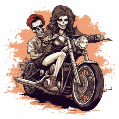 skull headed and skull faced female motorcyclist on a harley looking very tough and hardened white background clipart c 100