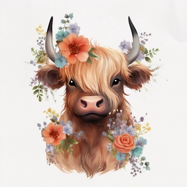 highland baby cow with floral blooms clipart element, 4k