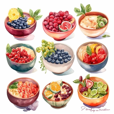 watercolor clipart of a collection of various nutritious healthy bowls, presented in a flatlay style with a top-side view on a clean white background. Each bowl should be filled with a visually appealing arrangement of nutritious ingredients, showcasing their vibrant colors and textures. Ensure that the bowls are not overlapping or interacting with each other, maintaining a clear separation between them. Capture the details of each ingredient with delicate watercolor strokes, emphasizing their f