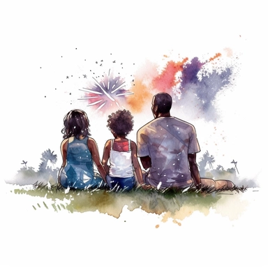 black family watching Fourth of July fireworks, sitting on blanket on grass, clipart, watercolor style, defined edges, white background