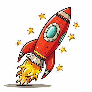 cartoon clipart of red rocket with flames, no hatch, no windows.