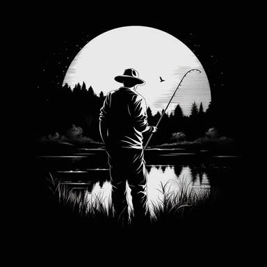a man wearning fishing rod , Lake, Vintage style minimalist line art, doutone, Clip Art , T-shirt design, Black background