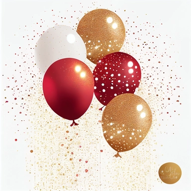 Red and Gold Balloons Clipart, glitter balloon png digital overlays with glitter confetti for birthdays, white background, no shadows
