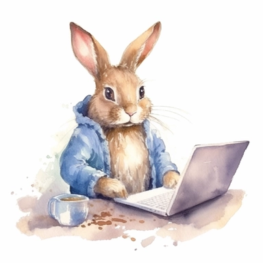 watercolor clipart, cute funny bunny, in style programmer, working on a computer, With an intelligent look, funny and floppy ears, white background, no watermarks, suitable for printing
