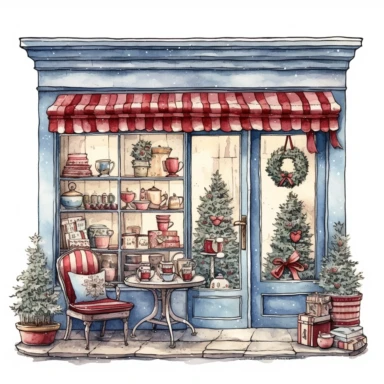 Christmas Home decor store Storefront Clipart , Create attractive window displays showcasing holiday-themed table settings, wreaths, and festive home accents. Use decorative lighting to highlight featured items. Arrange cozy seating areas with holiday-themed pillows and throws single object ,hand drawn illustration, no shadow, cozy ,soft color , warm ,white background with margins, hand drawn illustration,highly detailed ,white background for removing background