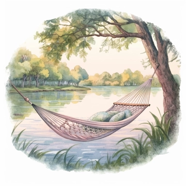 watercolor, hyper realistic, white background, white margins, 16k, ultra detailed clipart, cut out image, hand-drawn a cozy hammock tied between two trees near the lake, inviting relaxation and tranquility. Soft pastel shades inspired by nature, such as p