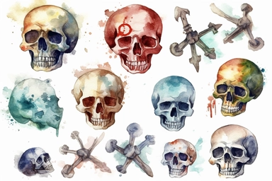 watercolor Skull and crossbones clipart, HD, with white background, spaced out