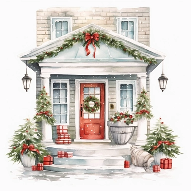 vector watercolor cute Christmas porch clipart on white background, holiday Christmas porch, photorealistic, ultrarealistic, no background, on white