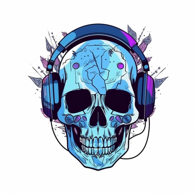music skull sublimation clipart, vector, illustration, 2d, flat colors, isolated background