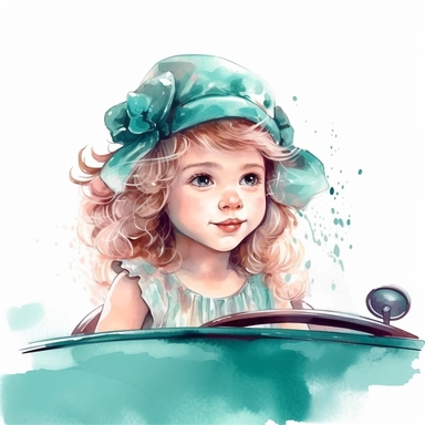 adorable cute vintage little girl in driving in cute turquose cabriolet, clipart style, watercolor technique, no background, super cute, high quality clipart
