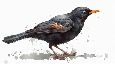 Watercolor blackbird clipart, white isolated background, space out, hd