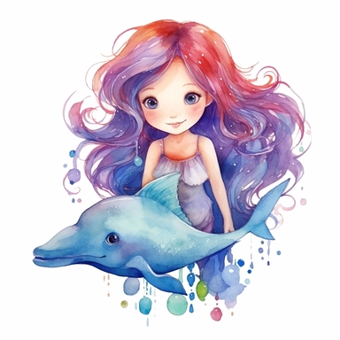 cute watercolour colourful mermaid with dolphin around her, clipart, white background