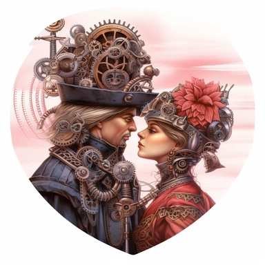 Steampunk lovers gazing into each other's eyes under a sky filled with floating airships and mechanical constellations, their attire adorned with intricate gear motifs in shades of ruby red, golden bronze, and soft blush pink, complementing the romantic ambiance. Ultra high quality, intricate detail, retro-futurism, watercolor clipart, white background, hyper realistic