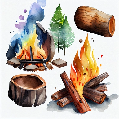 burning firewood Watercolor Clipart, details