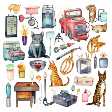 Watercolor clip art on white background,a variety of vet office collection, various sizes, , arranged artistically on a clean white background, focus on intricate details and displaying unique patterns and colors, soft shadows cast on the background, high-resolution image with vibrant and true-to-life colors, perfect for print or digital use