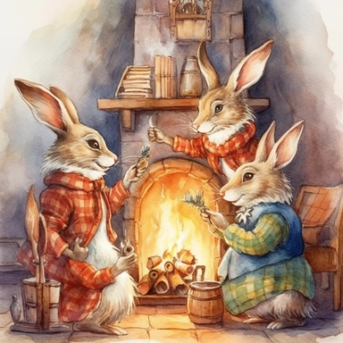 charming bunny family, Christmas morning in their cosy homy, fireplace, ornamental watercolor, clipart