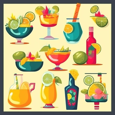 clip art, vector, [set of mexican margarita and tequila], cinco de mayo background filler elements, 2d, flat color,