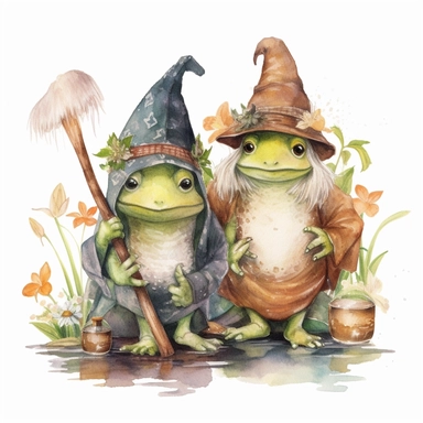 two Cute Frogs dressing as wizard clipart, vintage illustration, vintage print poster, Woods Forest Animals Frogs PNG Frog Daisy Flowers Water Lilies Sublimation watercolor print, white background, watercolor paint, procreate watercolor drawing, Watercolor Sublimation design, realistic cartoon, realistic water based colors, clipart, transparent white background