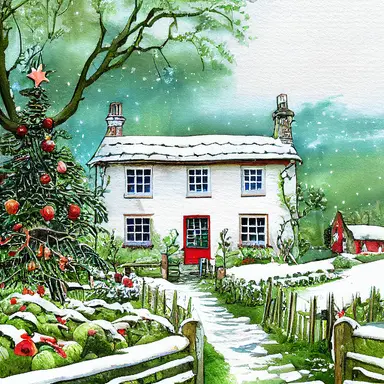 English country cottage, Christmas, watercolor, clipart