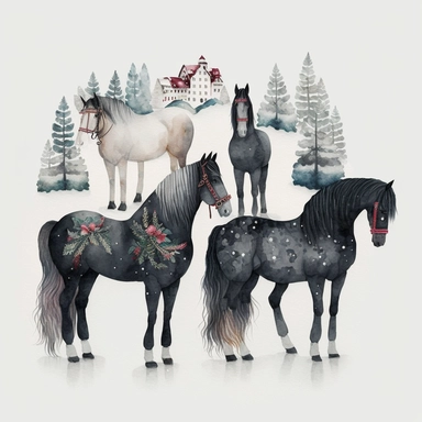dark academia, horses, snow, fairytale, Christmas, swedish folk art, watercolor, white background, clipart