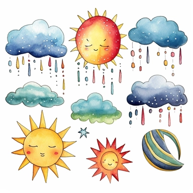 BUY 4 GET 50% OFF Watercolor Weather Clip Art - sun moon clouds rain snow lightning rainbow clipart & illustration - Commercial Use Ok