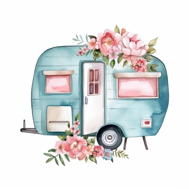 watercolor vintage camper trailer with flowers stock clipart , in the style of dark pink and light blue