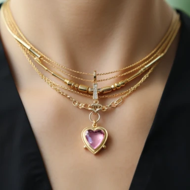 three-layer necklace with yellow gold paper clip chain, color gemstone mini cross charm embellishments around, with pink diamond heart shaped center pendant, ballerina core fused with norm core