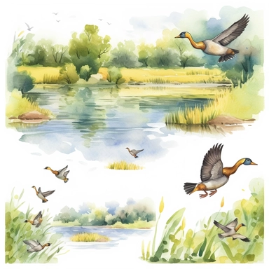 watercolor hunting scene in forest or fields with lake in vicinity where duck flocks take off in numbers , illustrations clipart set, simple, , cartoon elements ,different variants , natural elements, separate elements with a margin, ,4k, high resolution, , natural colors, vibrant green tones, birds and ducks