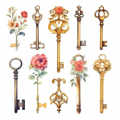 assorted gold keys inspired by Alice in wonderland watercolor illustration, design elements isolated on white background, vintage clip art - Image #4 <@1098423716465102849>