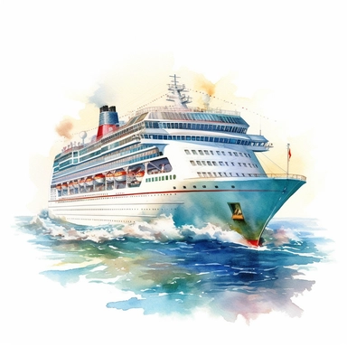 watercolors, clip art, a cruise ship sailing on calm ocean waters, white background