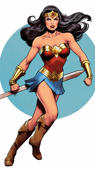 Wonder Woman holding a sword and jumping on a tank, full body, comic book style of 1984, clipart art, Jack Kirby style