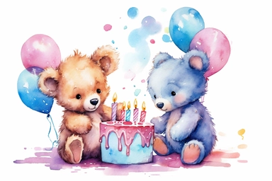 beautiful watercolor pastel 2 birthday baby bears eating birthday cake with balloons clipart, hd, pixar style, isolated on white background, spaced out