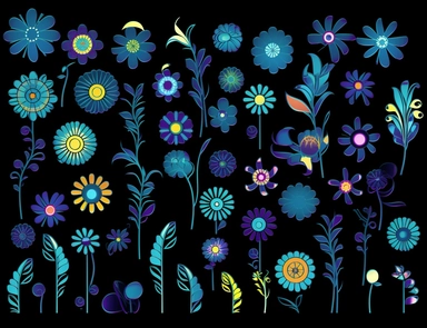 clipart flowers cliparts clipartflowers cliparts clipflowers clipart flowers clipart purple, in the style of stephen ormandy, dark cyan and blue, marguerite blasingame, childs drawing, 1970–present, jan berenstain, cross-processing/processed on a black background