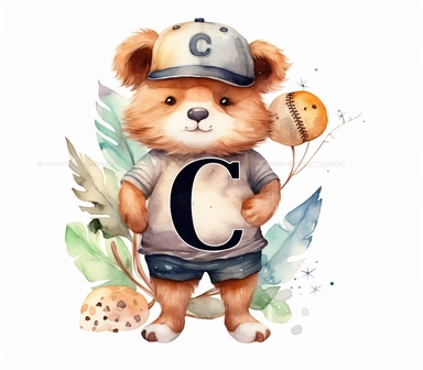 create watercolor clipart of letter C , cute animal in baseball costumes with baseball, incredibly high detail, 16k, gorgeous, white background