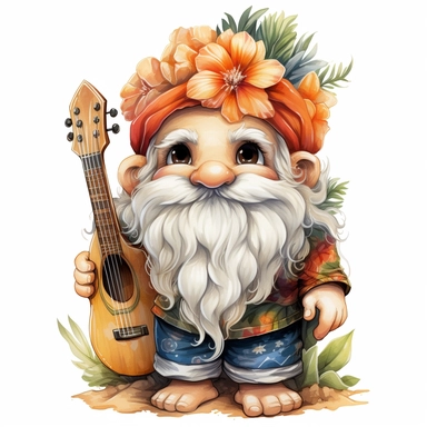 gnome surfer in Hawaii beach outfit, vibrant color, clipart, watercolor illustration, white background