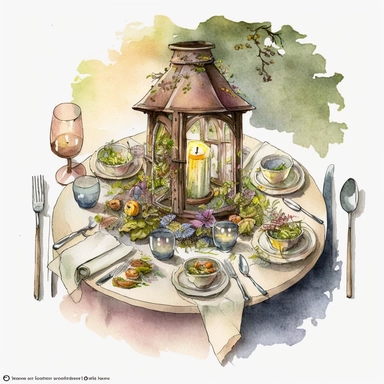 A hyper - detailed illustration watercolor clipart of a whimsical dining table of a fairy house built out of natural materials by a human, delicious fairy style dinner, table cloth and candle glass watercolor illustration, illustration style a combination of Beatrix Potter and Tove Jansson, isolated on white background with margins, cut - out images, zoom on table , close up view from table top