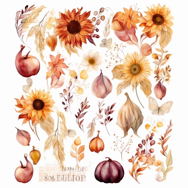 Create an awe-inspiring set of ultra-detailed watercolor clipart, capturing the beauty of autumn and its vibrant colors. The clipart should feature a variety of autumn flowers, including sunflowers, dahlias, and chrysanthemums, showcasing their intricate petals and rich hues. Incorporate pumpkins into the clipart, showcasing their unique shapes and textures. Use the watercolor technique to infuse the illustrations with a soft, dreamy, and realistic touch, capturing the essence of the autumn seas
