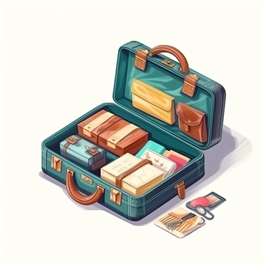 isometric icon, clipart, travel briefcase, watercolor, white background, hyper realistic, korean style,