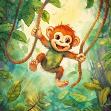 A cute adorable little monkey playing in the sun, jumping on vines, lush vibrant jungle, watercolour clipart, illustration, children’s storybook, 8k