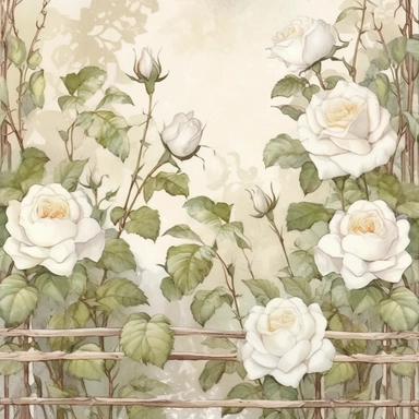 white roses climbing on a trellis, muted grasses at the bottom, clipart, page border style, soft and hazy watercolor, white background, vintage--q2