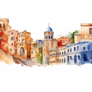 watercolor mardin town in turkiye, illustrations clipart set, simple, , cartoon elements ,different variants , historic stone houses,historic buildings, cobblestone lanes, tone facades of the buildings, Mardin's stone Alleyways separate elements with a margin