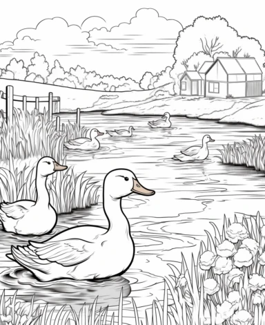 Ducks Swimming in a Farm Pond coloring page with Farming background design as an outline art drawing with thick bold clear lines that are neatly joined up together, outline, clipart, no colors, no shadows, no details, HD