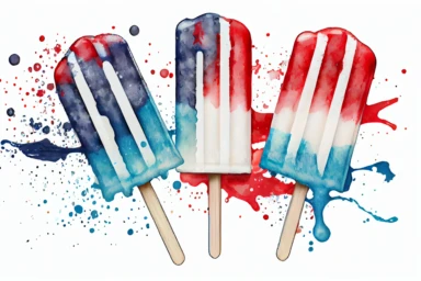 Red, white and blue patriotic popsicle on wooden stick. Hand drawn water color drawing on white, isolated clip art element for design. Memorial Day, Flag Day, 4th of July, Labor Day sweet decoration, realistic,