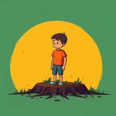 Boy standing in front of a cut tree, sad Cartoon Colored Clipart vector illustration, bright color with smooth edges
