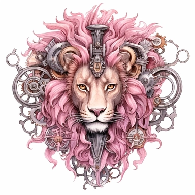 pink watercolor steampunk lion tamer, clipart, metallic, gears, iron pink gray black, 32k. highly detailed